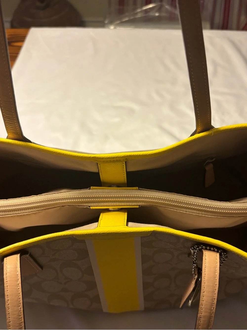 Coach Beige Signature Tote with Yellow Center Stripe. Used once!